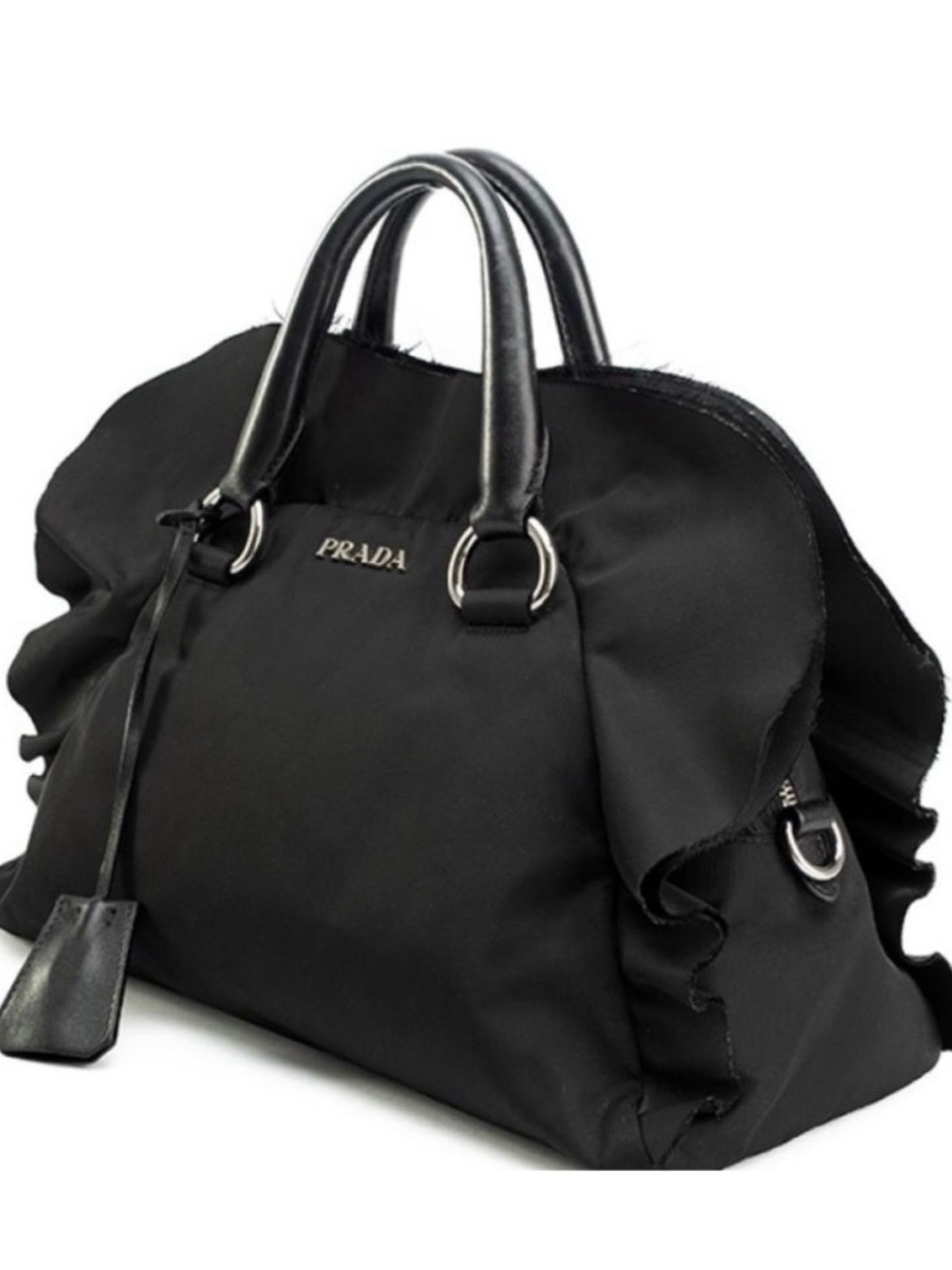 Prada Black Ruffle-Trim Top-Handle Tote with Dust Bag & Authenticity Card